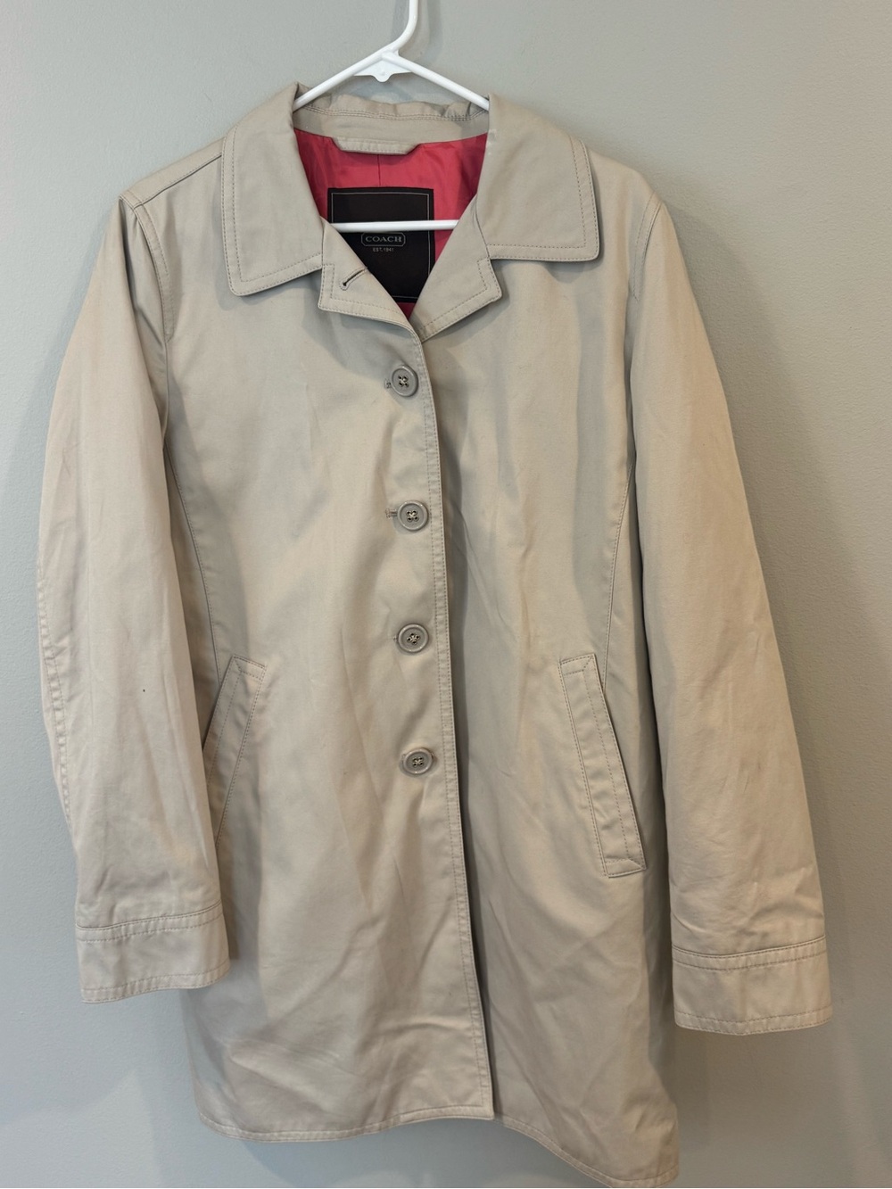COACH Single Breasted Short Trench Coat Bone L Pink Lining Small Stain See Pic - Picture 5 of 10